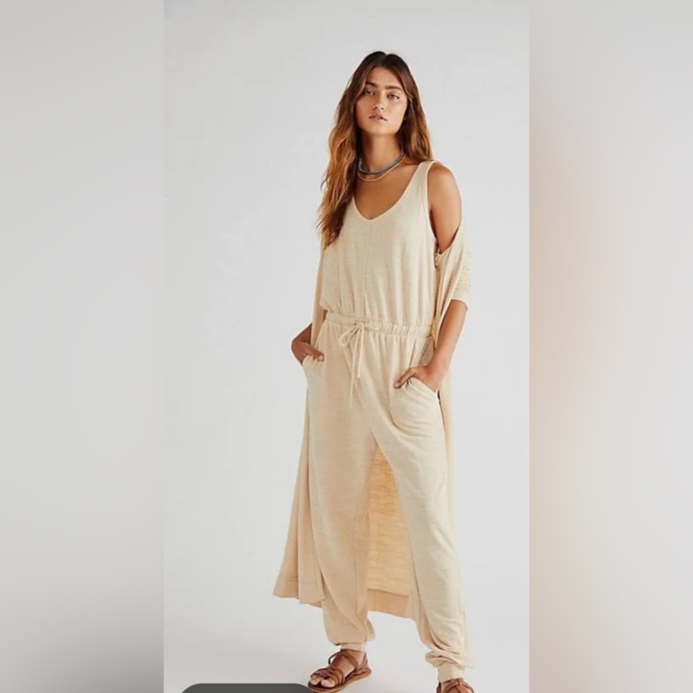 FP Movement by Free People Cream Sleeveless Drawstring Jumpsuit